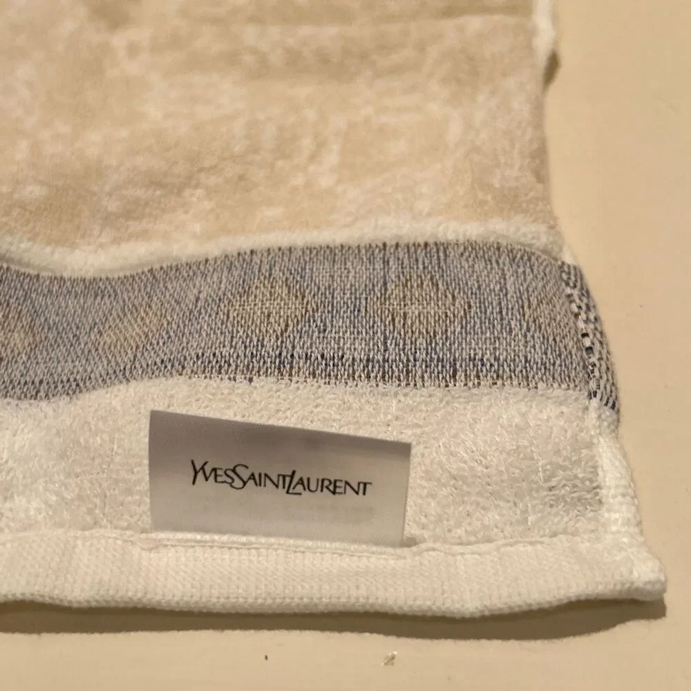Yves Saint Laurent 14x14 Decorative Hand Towel Beige Blue Pattern Block NEW